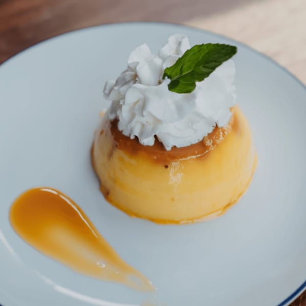A Don Bravo Mexican Grill flan dessert with whipped cream, a mint leaf, and caramel drizzle.